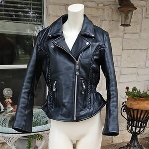Woman's EXCEL BIKERS STUFF Black Leather Motorcycle Zippered Crop Jacket Small